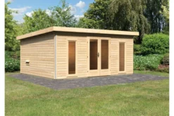 KARIBU Mainburg 4 Saunahaus, Naturbelassen, Fichte, 490x368x229 Cm, SET A Mit Doppelflügeltür Und Vorraum