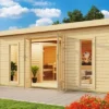 KARIBU Mainburg 4 Saunahaus, Naturbelassen, Fichte, 490x368x229 Cm, SET B Mit Doppelflügeltür, Vorraum Und 9 KW Ofen