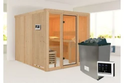 KARIBU Askja Sauna, Naturbelassen, Fichte, 216x234x198 Cm, Inkl. Fronteinstieg, Ganzglastür Und 9 KW Ofen Ext. Strg.