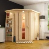 KARIBU Caspin Energiespar-Sauna, Naturbelassen, Fichte, 210x165x202 Cm, Mit Kranz Und Eckeinstieg