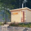 KARIBU Skrollan 1 Saunahaus, Naturbelassen, Fichte, 336x196x228 Cm, Moderne Tür & Holzofen Inkl. Schornstein