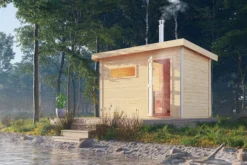 KARIBU Skrollan 1 Saunahaus, Naturbelassen, Fichte, 336x196x228 Cm, Moderne Tür & Holzofen Inkl. Schornstein