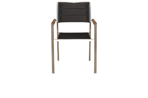 OUTFLEXX Stuhl, Schwarz, Edelstahl/Textilene, Padded, Armlehnen Aus FSC-Teakholz, 62x56,5x86cm 3 OUTFLEXX Stuhl, Schwarz, Edelstahl/Textilene, Padded, Armlehnen Aus FSC-Teakholz, 62x56,5x86cm – Bild 3