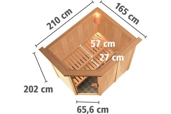 KARIBU Systemsauna Saja, Fichtenholz 68mm, Eckeinstieg, Ca. 2,7m² 3 KARIBU Systemsauna Saja, Fichtenholz 68mm, Eckeinstieg, Ca. 2,7m² – Bild 3