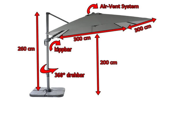 OUTFLEXX Ampelschirm, Anthrazit, Pulverbesch. Aluminium, 300x300 Cm, Inkl. Plattenständer, Twist-Funktion 5 OUTFLEXX Ampelschirm, Anthrazit, Pulverbesch. Aluminium, 300x300 Cm, Inkl. Plattenständer, Twist-Funktion – Bild 5