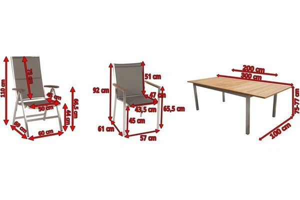 STERN Cardiff Esstischgruppe, Silber/taupe, Edelstahl/FSC-Teak, Tisch 200/300 X 100 Cm, 6 Stapel-, 2 Multipositionssessel 5 STERN Cardiff Esstischgruppe, Silber/taupe, Edelstahl/FSC-Teak, Tisch 200/300 X 100 Cm, 6 Stapel-, 2 Multipositionssessel – Bild 5