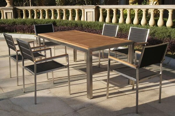 OUTFLEXX Stuhl, Schwarz, Edelstahl/Textilene, Padded, Armlehnen Aus FSC-Teakholz, 62x56,5x86cm 7 OUTFLEXX Stuhl, Schwarz, Edelstahl/Textilene, Padded, Armlehnen Aus FSC-Teakholz, 62x56,5x86cm – Bild 7