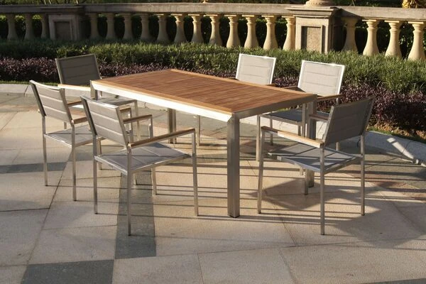 OUTFLEXX Stuhl, Silber, Edelstahl/Textilene, Padded, Armlehnen Aus FSC-Teakholz, 62x56,5x86cm 7 OUTFLEXX Stuhl, Silber, Edelstahl/Textilene, Padded, Armlehnen Aus FSC-Teakholz, 62x56,5x86cm – Bild 7